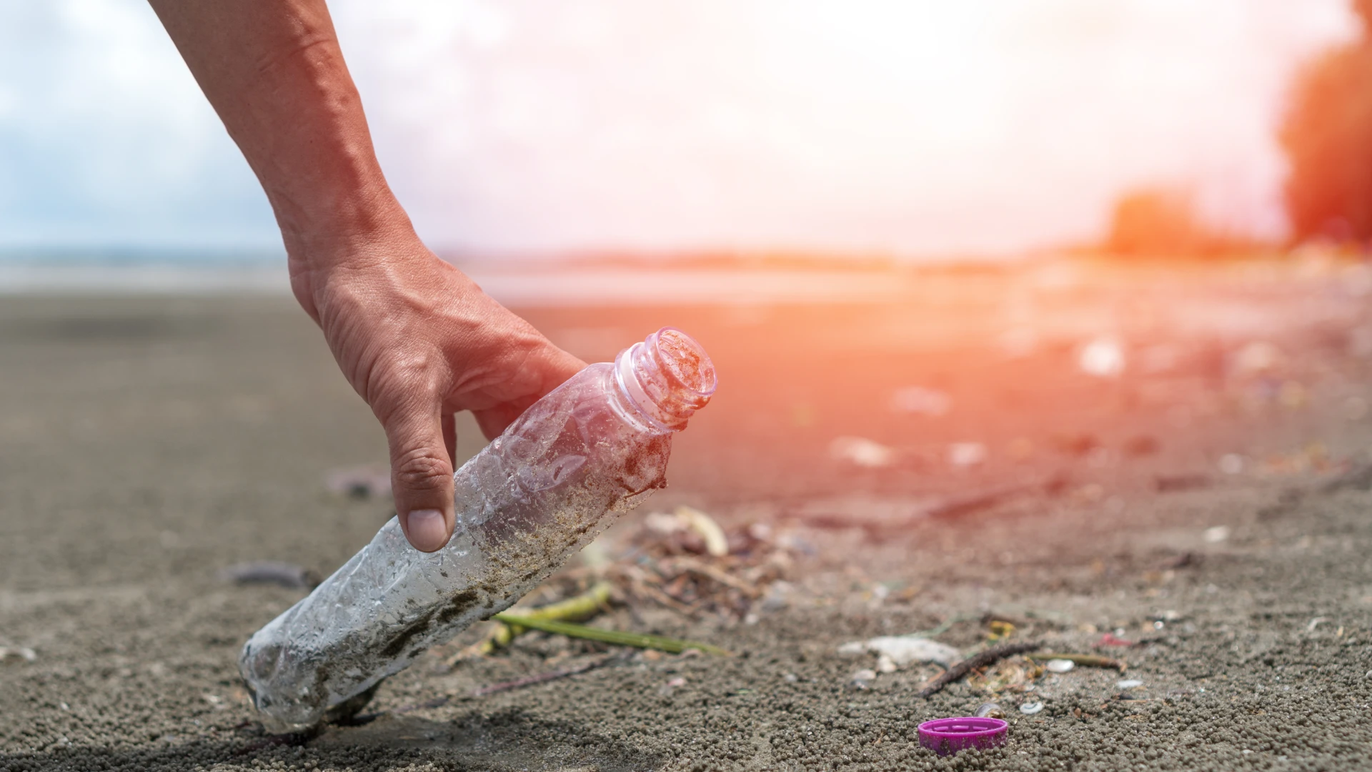 Hand picking up a plastic bottle on a beach